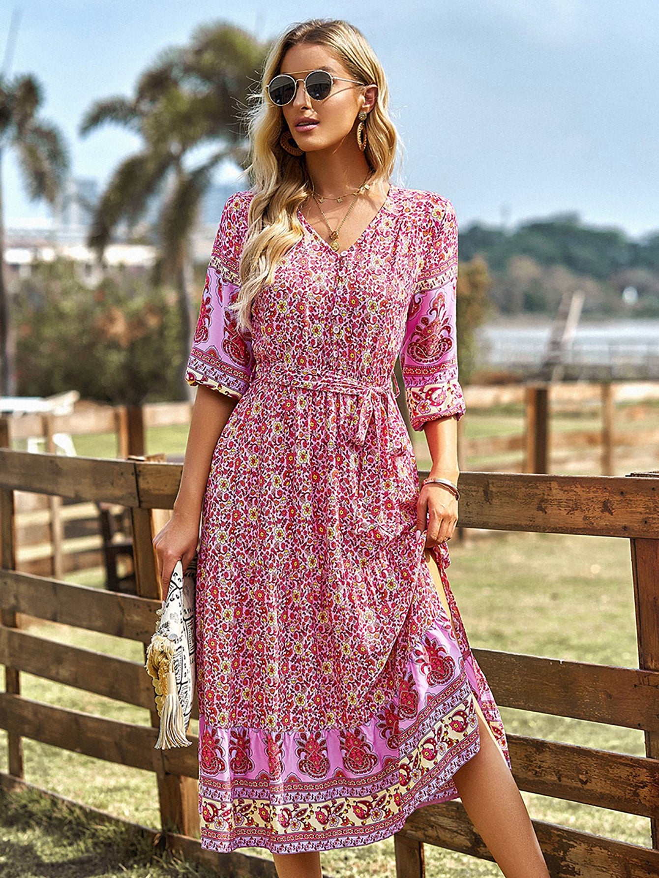 Pink A Line Floral Long Boho Dress - Fashionpara
