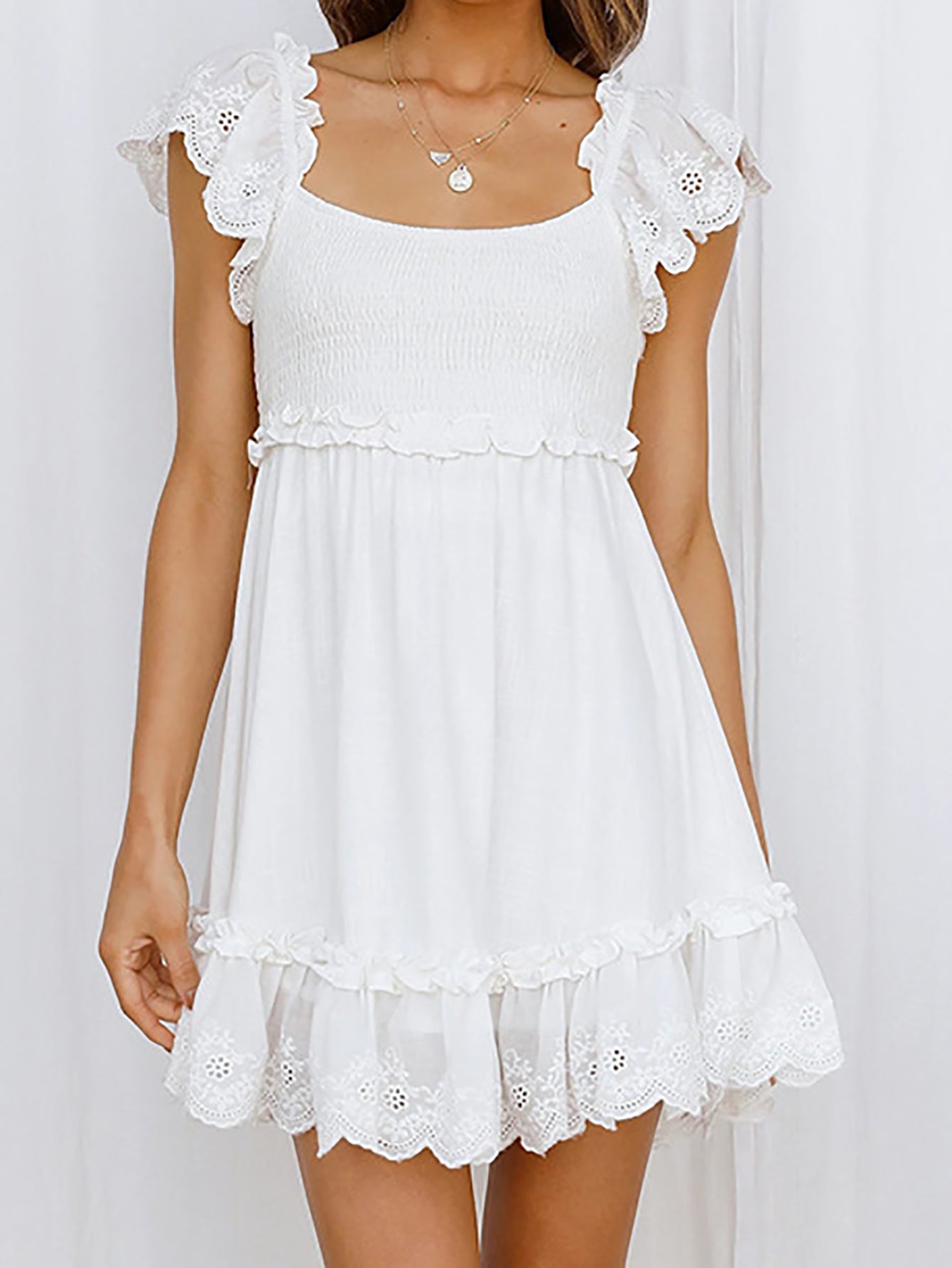 White Lace Ruffles Sweet Short Graduation Dress - Fashionpara