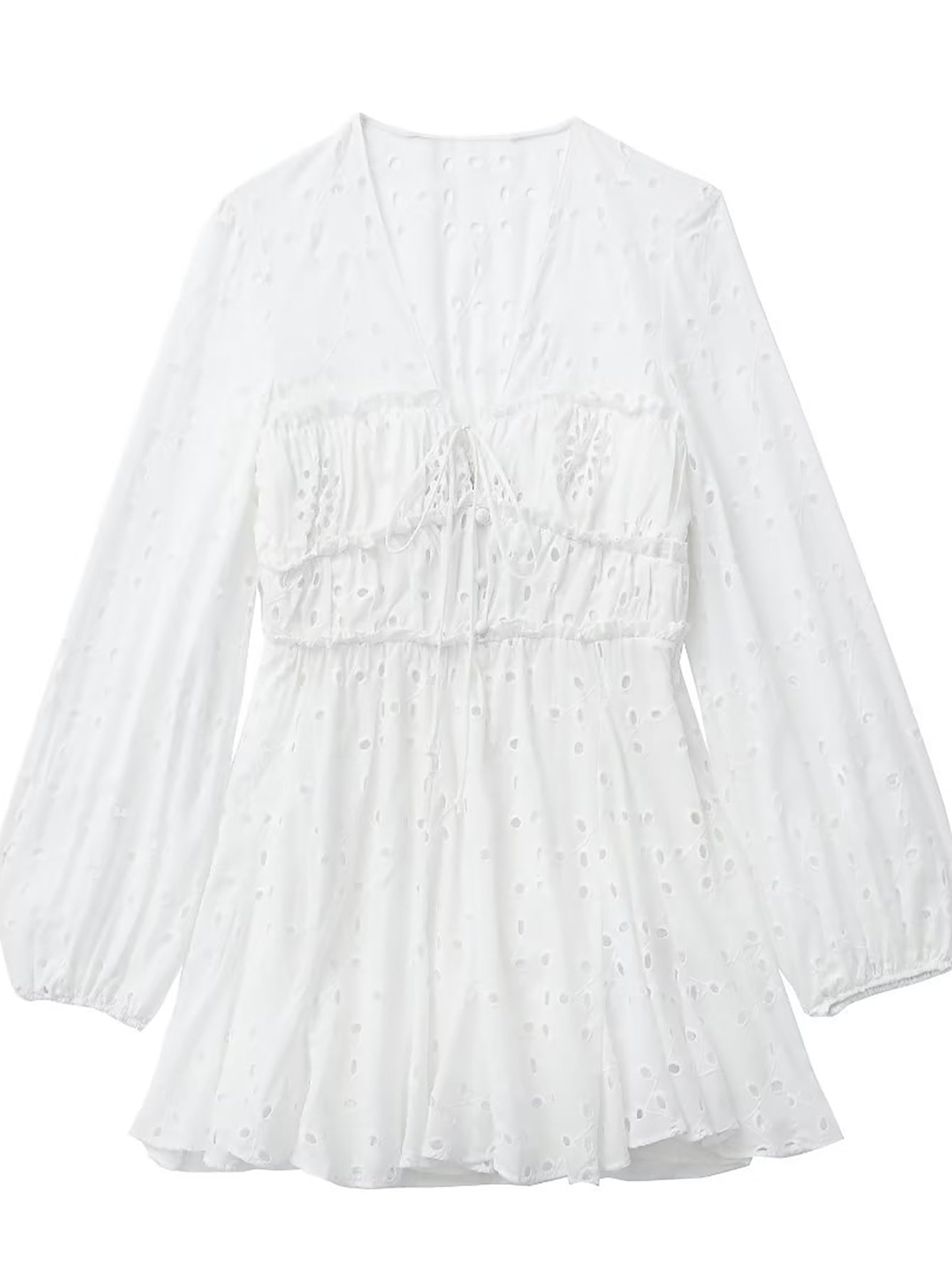 White V Neck Cotton A Line Long Sleeves Short Graduation Dress - Fashionpara