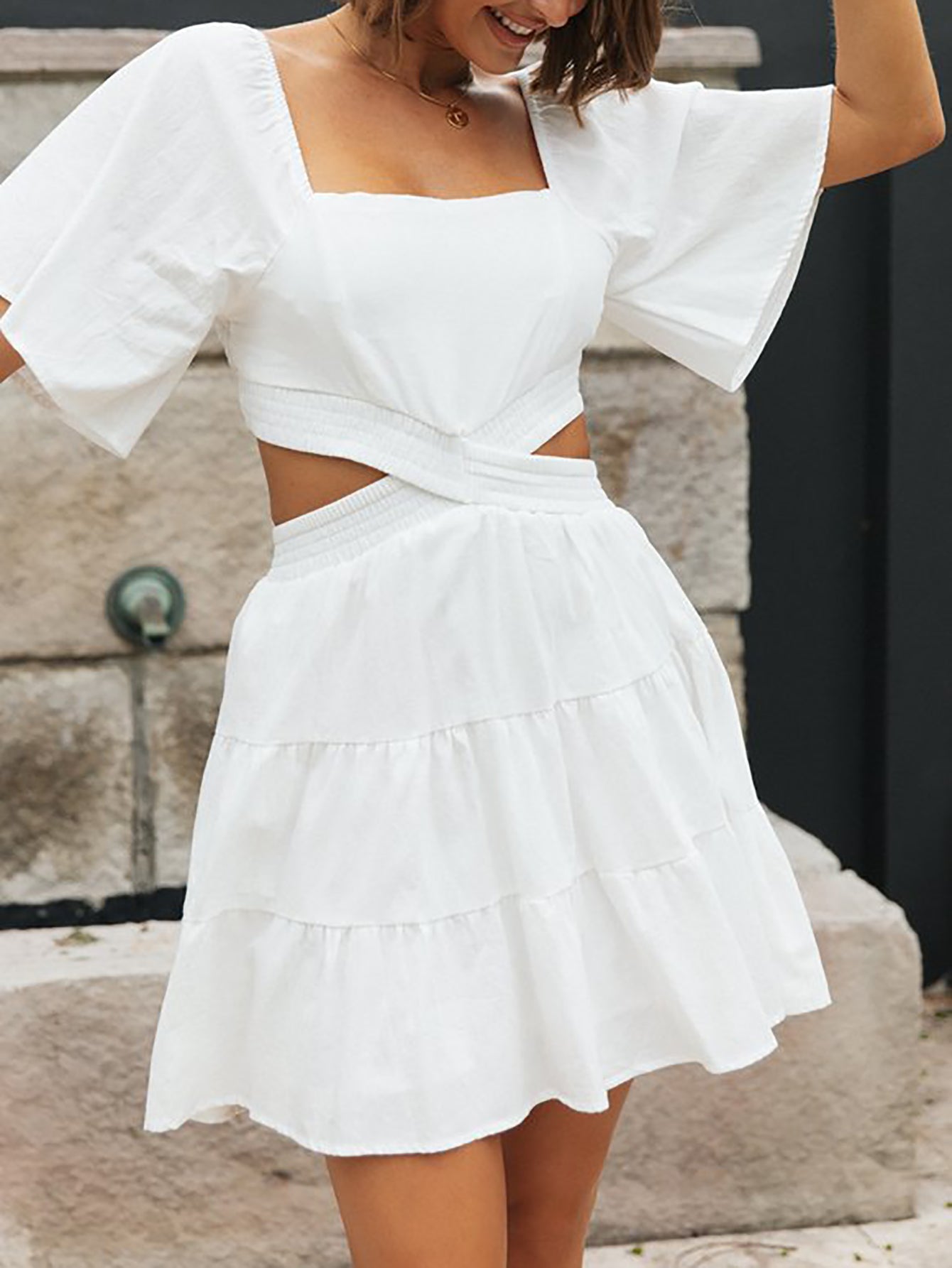 Sweet White Square Neck Cutout A Line Short Graduation Dress - Fashionpara