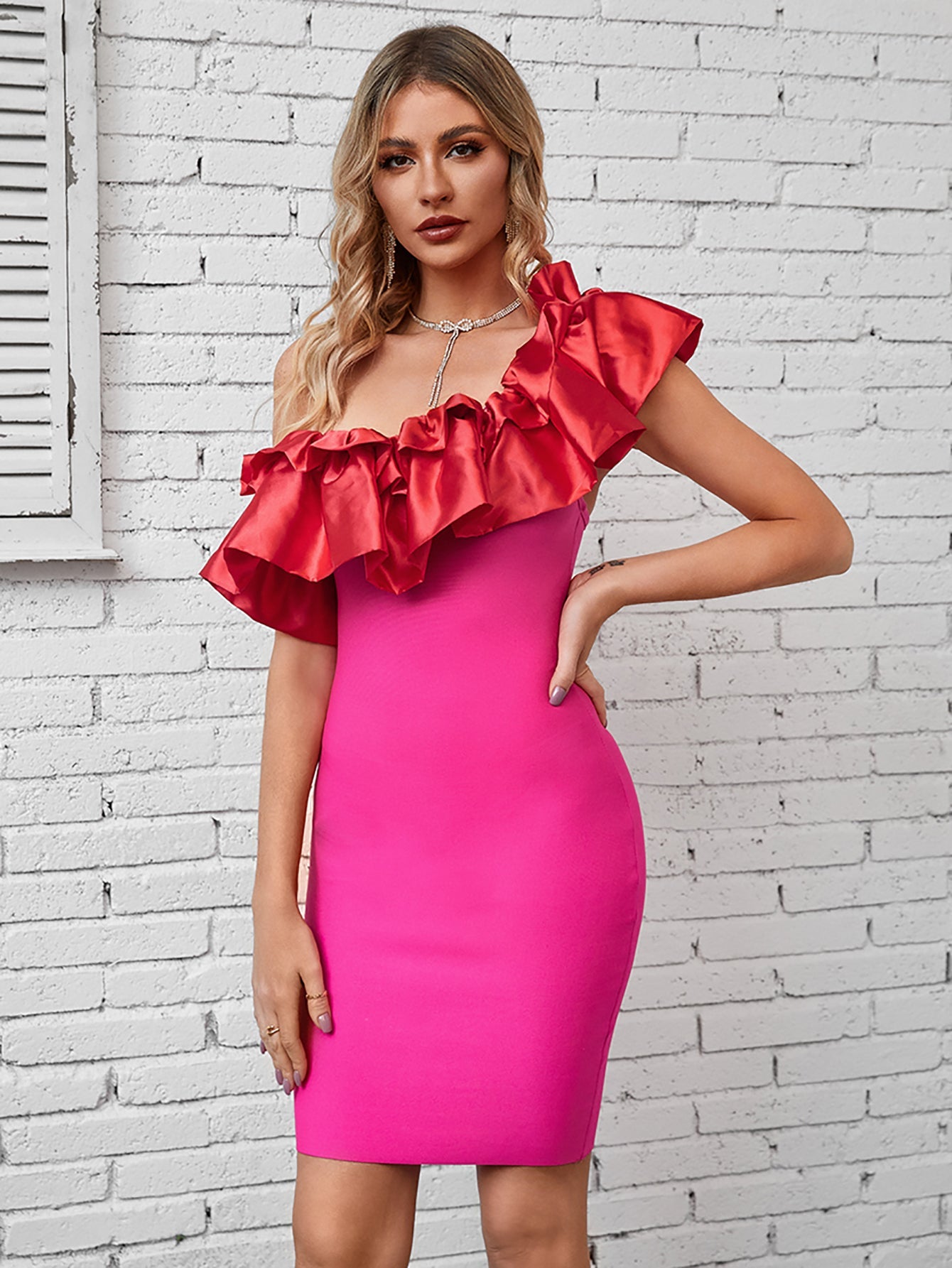 Pink One Shoulder Ruffles Tight Midi Dress - Fashionpara
