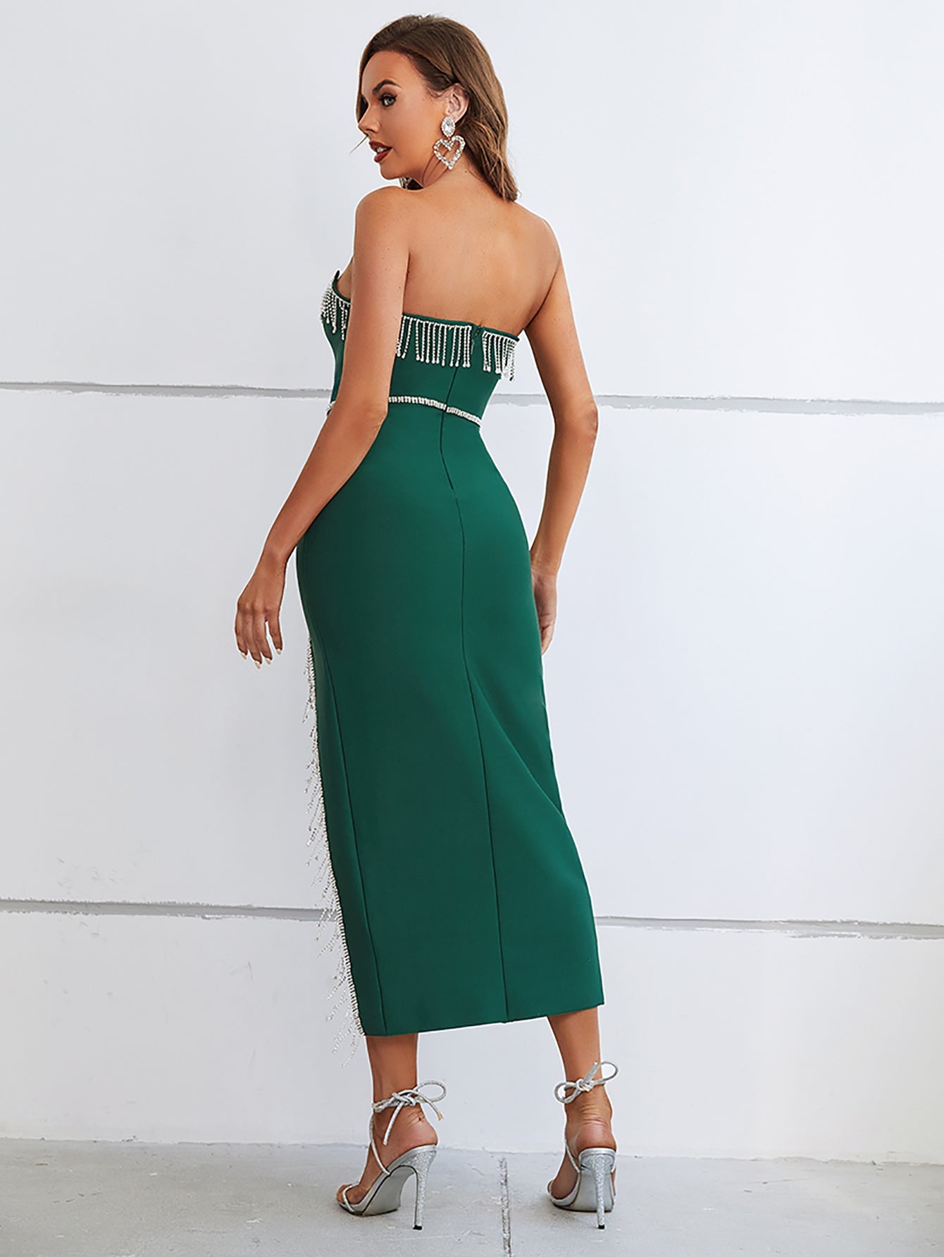 Green Strapless Tassels Tight Midi Dress - Fashionpara