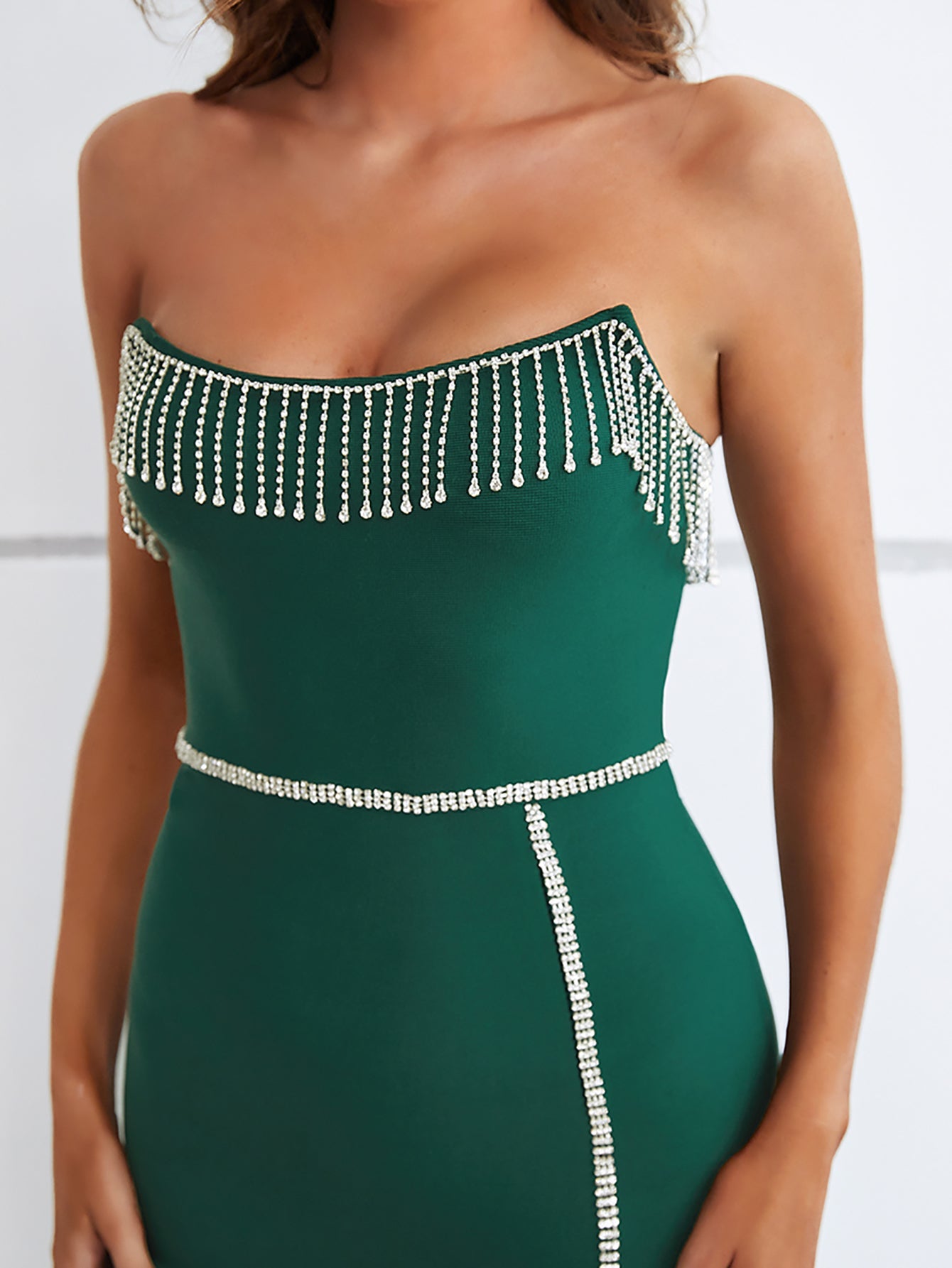 Green Strapless Tassels Tight Midi Dress - Fashionpara