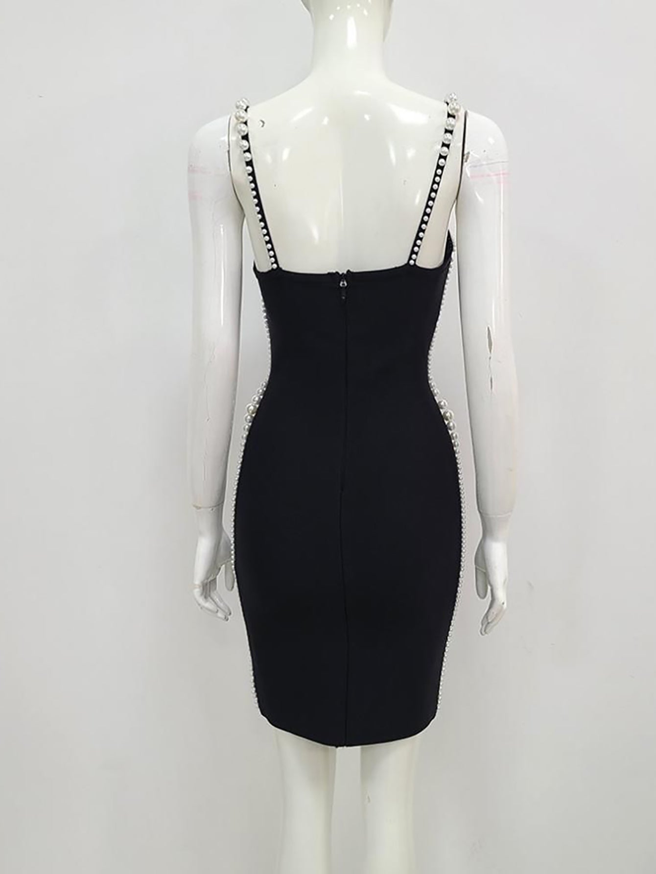 Black V Neck Pearl Backless Short Cocktail Party Dress - Fashionpara