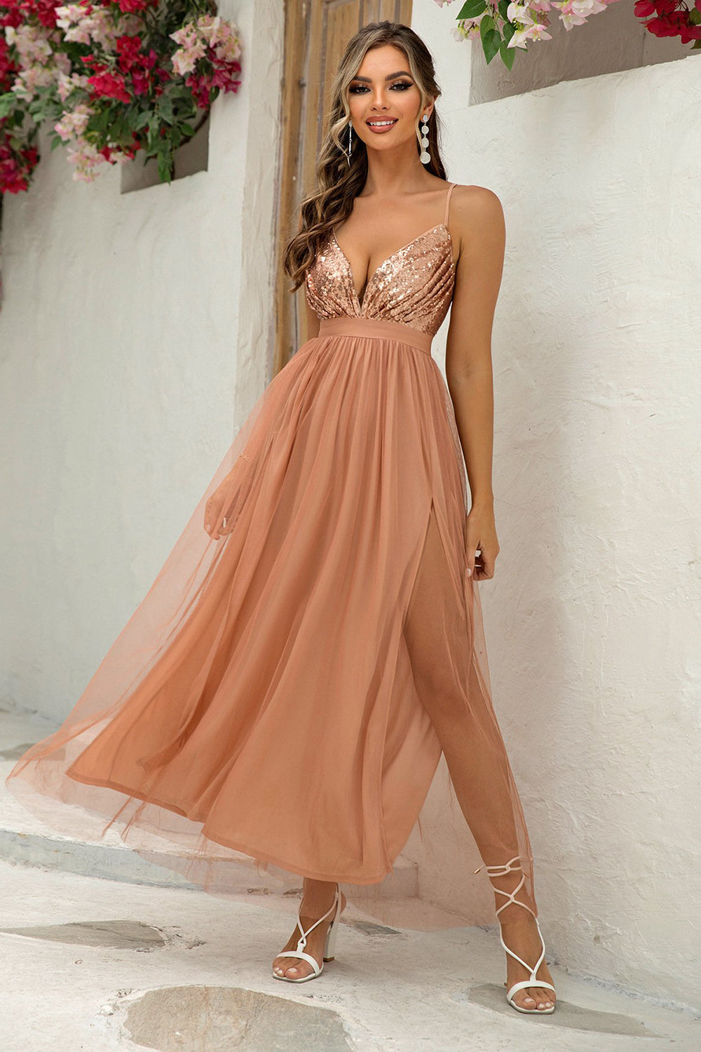 Fuchsia Deep V Neck A Line Sparkly Long Prom Dress With Slit - Fashionpara