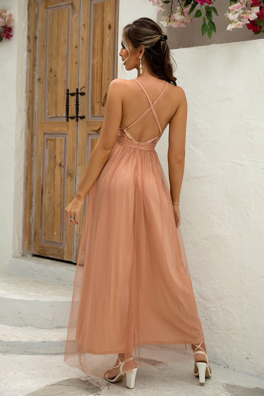 Fuchsia Deep V Neck A Line Sparkly Long Prom Dress With Slit - Fashionpara