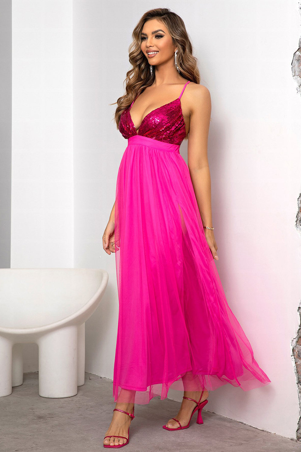 Fuchsia Deep V Neck A Line Sparkly Long Prom Dress With Slit - Fashionpara