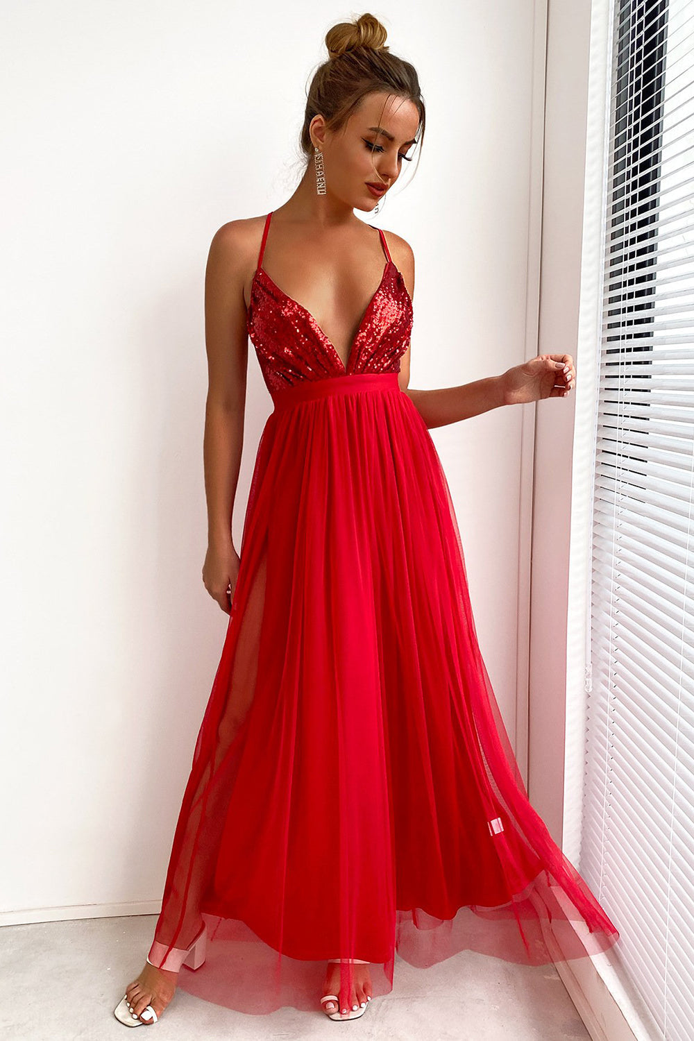 Fuchsia Deep V Neck A Line Sparkly Long Prom Dress With Slit - Fashionpara