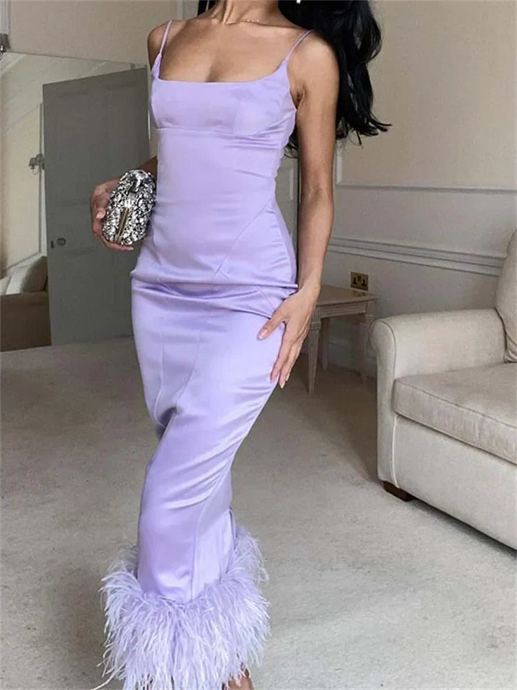 Satin Square Neck Feather Trim Slip Maxi Dress