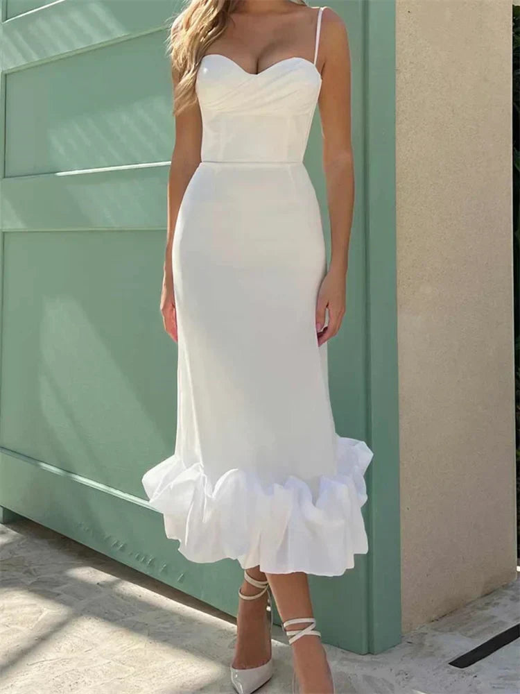 Cocktail Sleeveless Low Cut VNeck Slim Ruched Ruffles Midi Dress