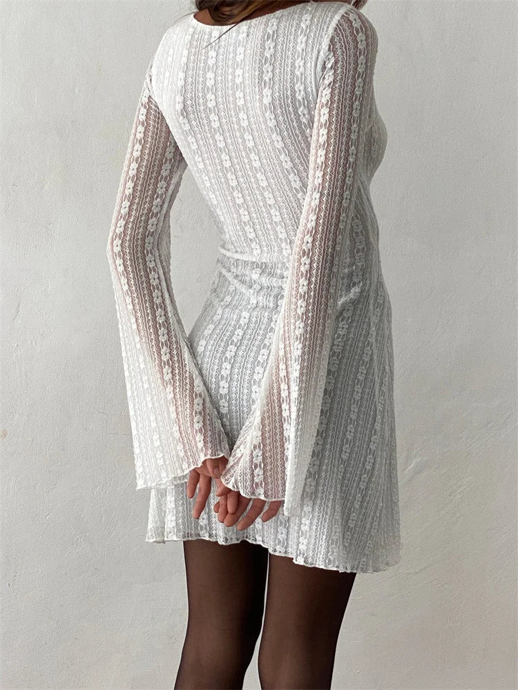 Mesh See Through Round Neck Mini Dresses - View 2