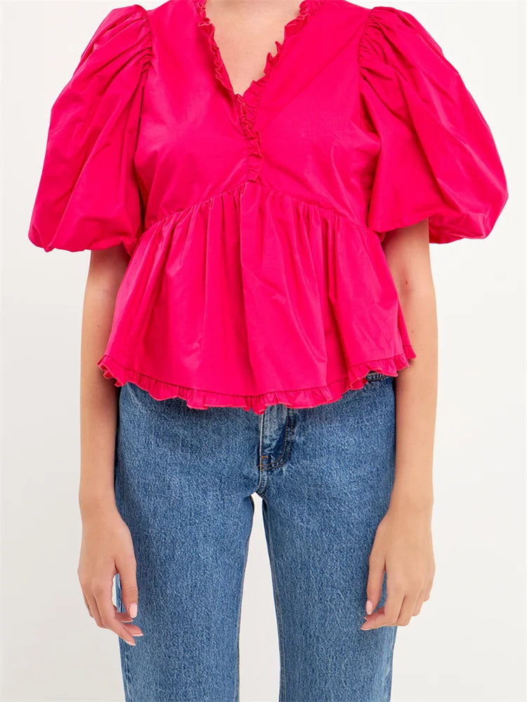 Puff Sleeve Ruffle Trim V-neck Blouse