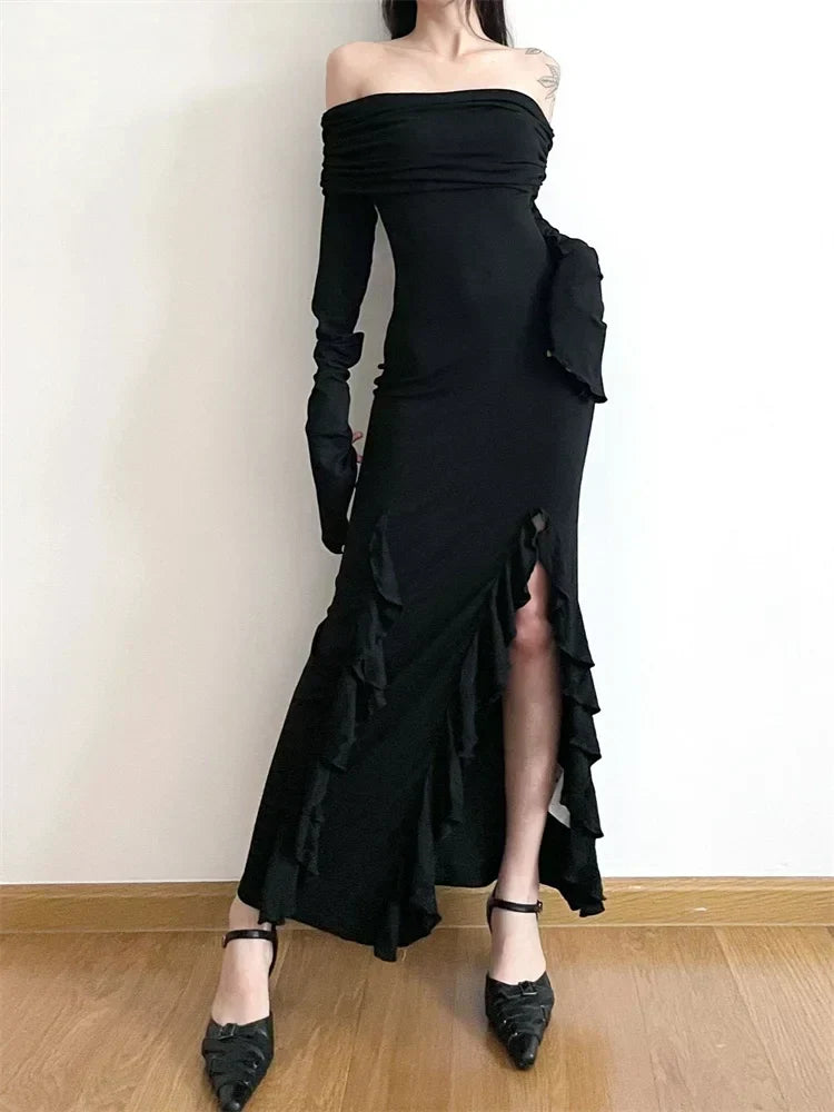 Off Shoulder Long Sleeve Ruffle High Low Maxi Dress
