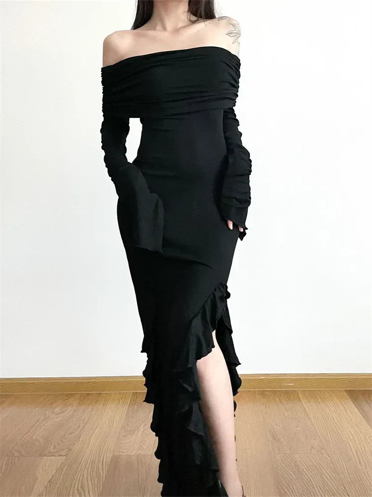 Off Shoulder Long Sleeve Ruffle High Low Maxi Dress 4