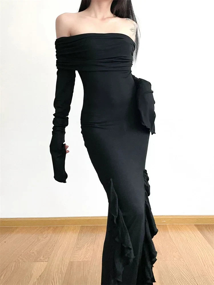Off Shoulder Long Sleeve Ruffle High Low Maxi Dress 2