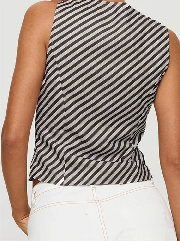 Striped Deep V-neck Tie-up Office Crop Top