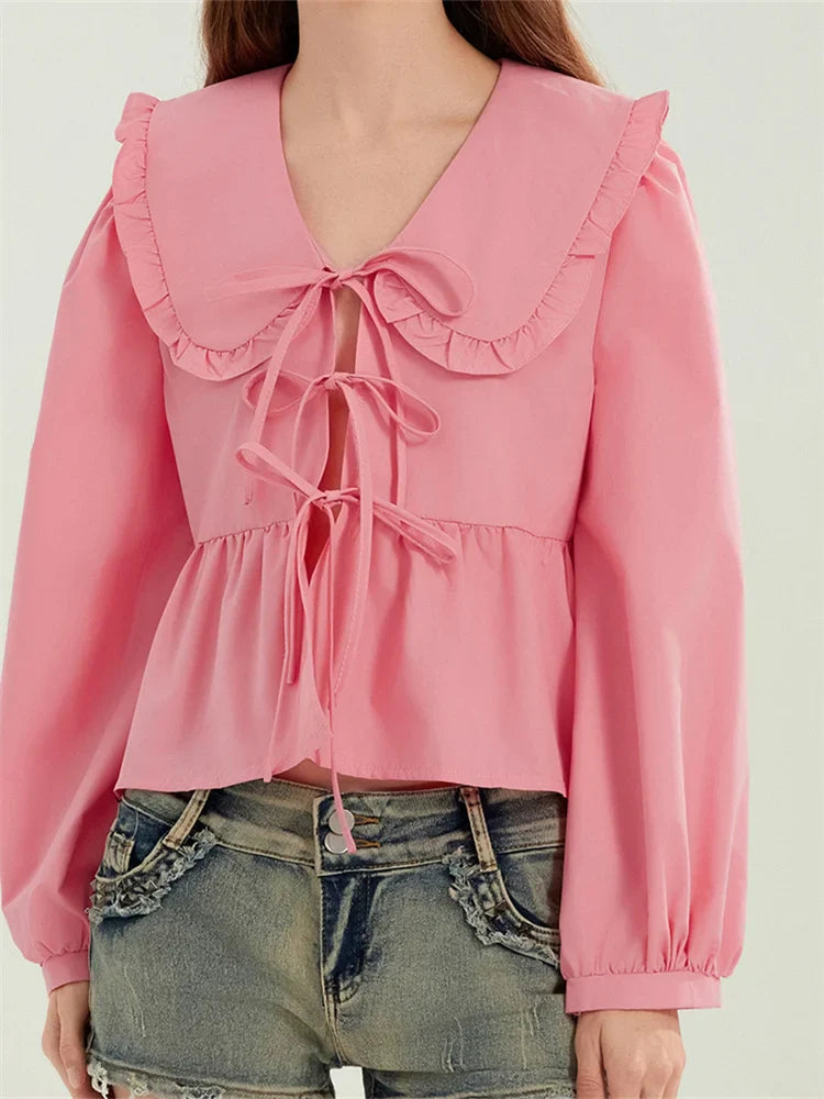Ruffled Turn-Down Neck Tie-Up Blouse