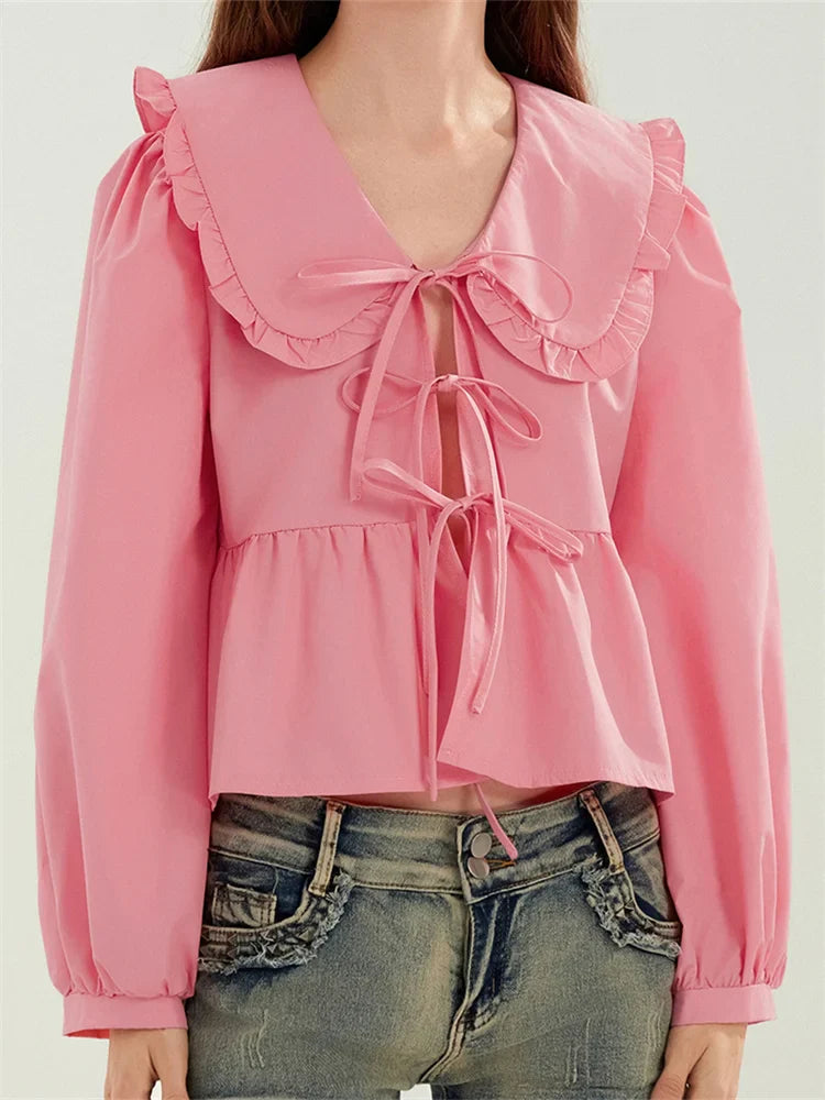 Ruffled Turn-Down Neck Tie-Up Blouse