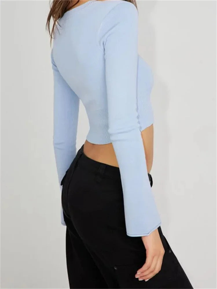 Knitted Pullovers Solid Color Slim Fit Long Sleeve V Neck Cropped Basic Sweater 4