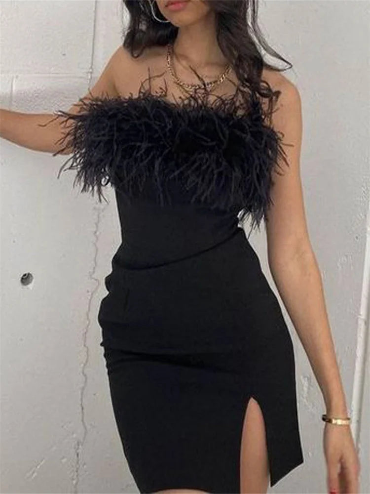 Elegant Feather Fur Hem Patchwork Mini Dresses - View 2