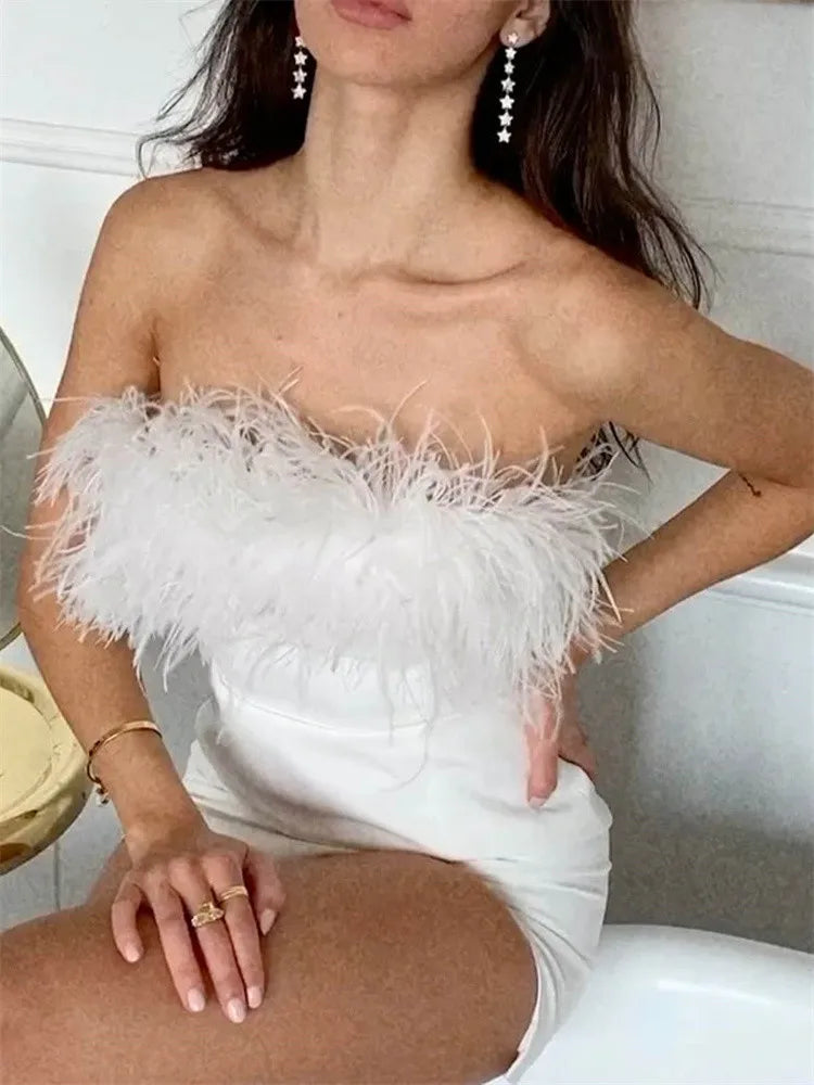Elegant Feather Fur Hem Patchwork Mini Dresses - View 3