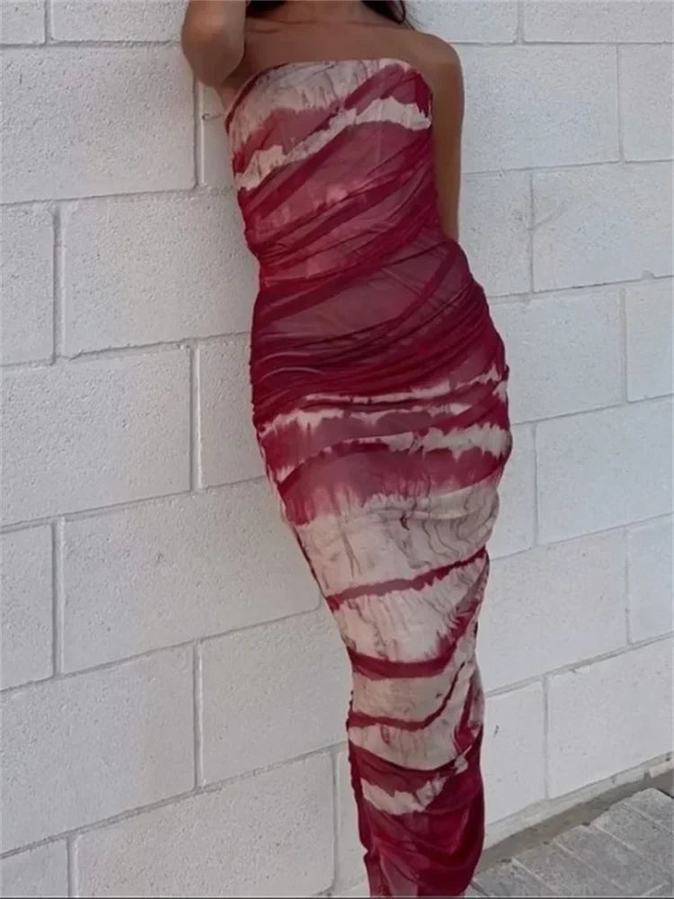 Tie Dye Strapless Ruched Bodycon Maxi Dress 8