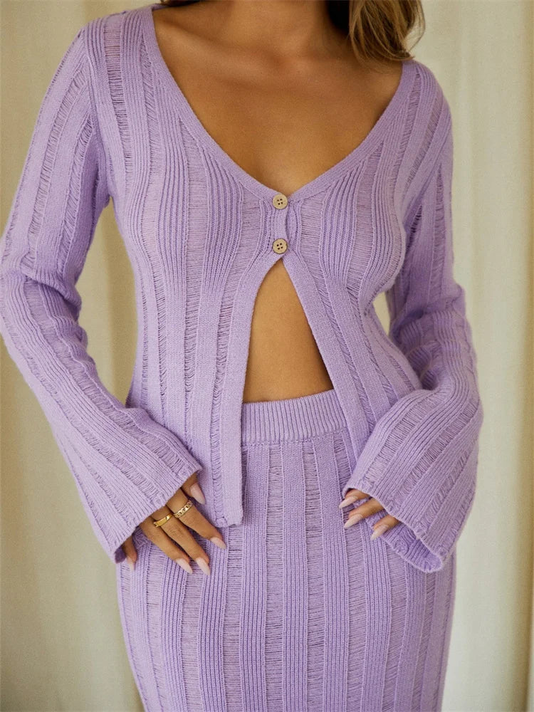 Buttons Up Sweater Tops High Waist Side Split Long Skirts Suits 3