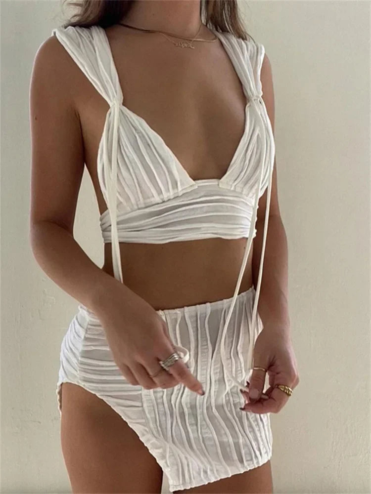 Knitted Deep V-neck Tank Crop Top High Waist Split Mini Skirt Set