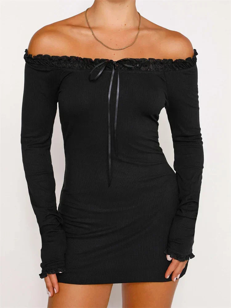 Ribbed Scoop Neck Long Sleeve Lace Trim Bodycon Mini Dress