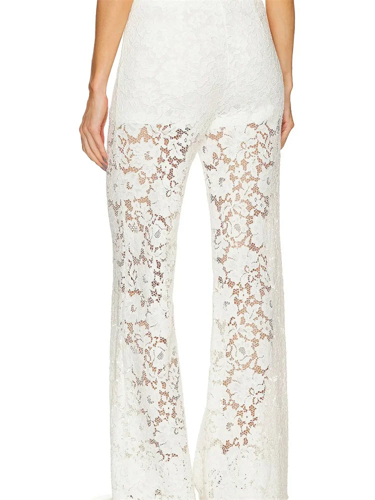 Lace Floral Loose Wide Leg See-Through Mesh Pant
