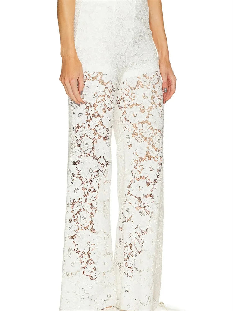 Lace Floral Loose Wide Leg See-Through Mesh Pant