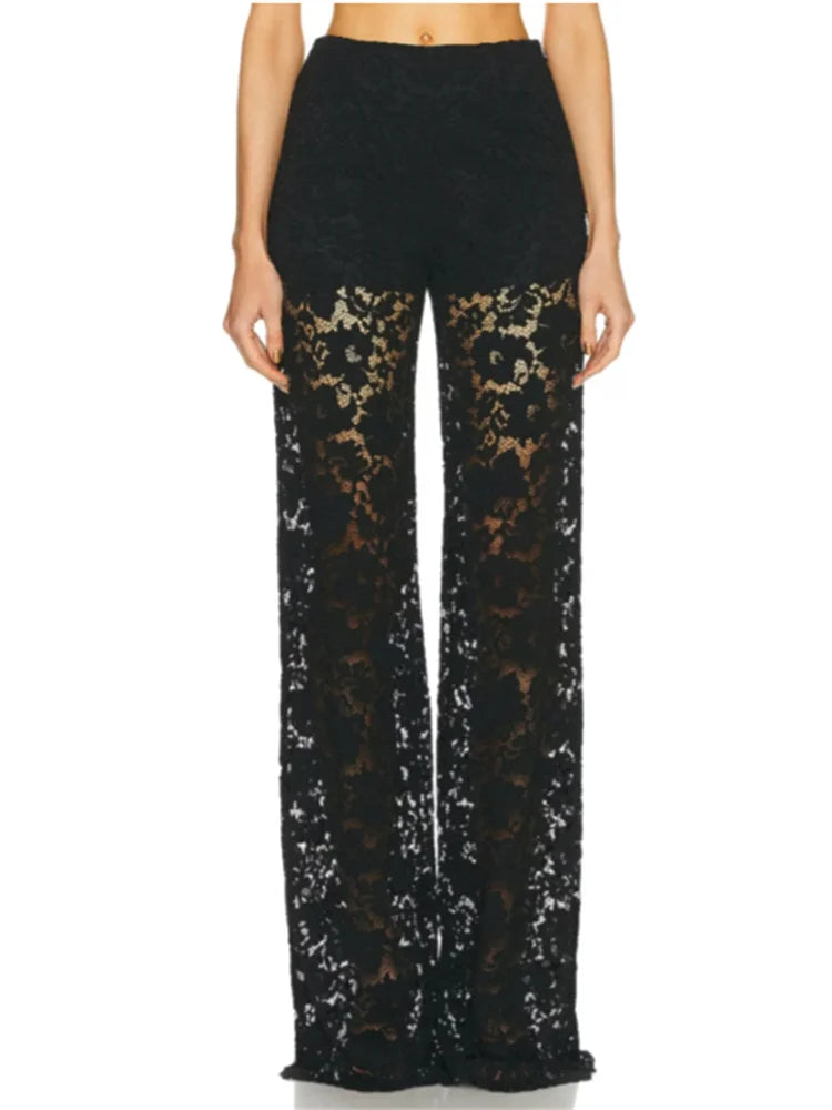Lace Floral Loose Wide Leg See-Through Mesh Pant