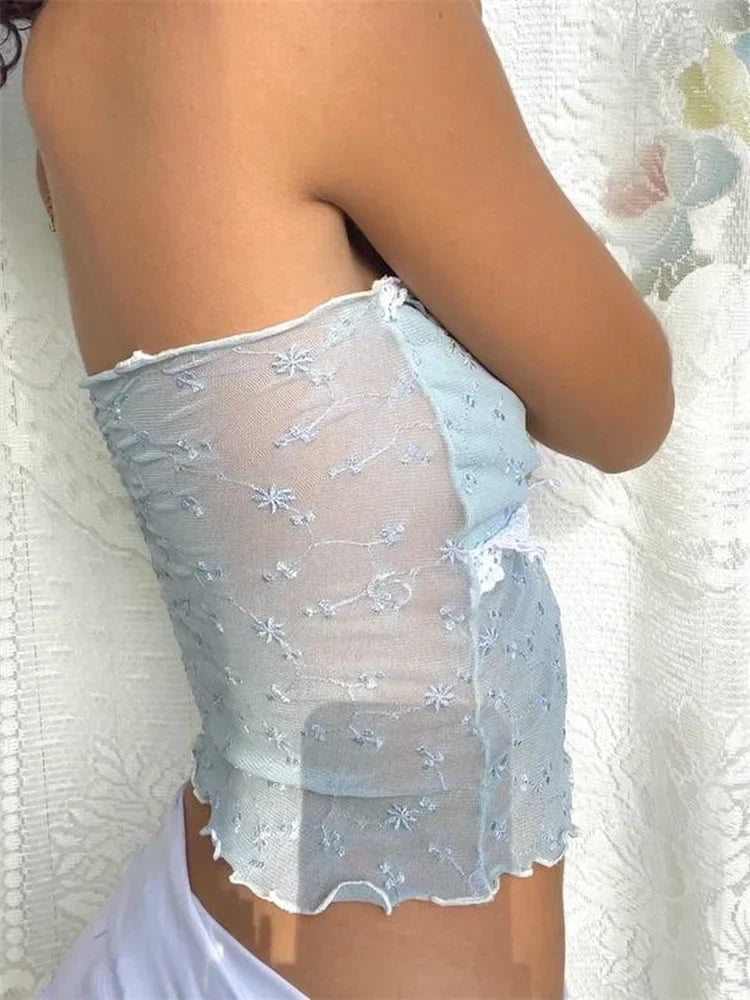 Lace Mesh Y2K Strapless See-through Tube Crop Top