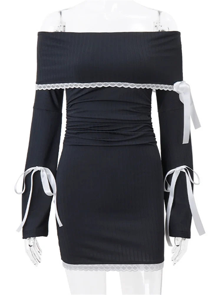 Lace Patchwork Off Shoulder Long Sleeve Mini Dresses - View 3