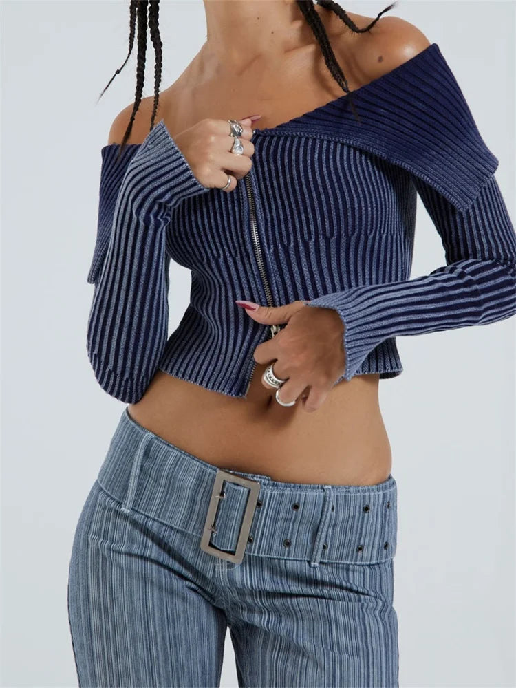 Lapel Gradient Print Long Sleeve Cardigan Off Shoulder Knitted Ribbed Zip Up Sweater 3