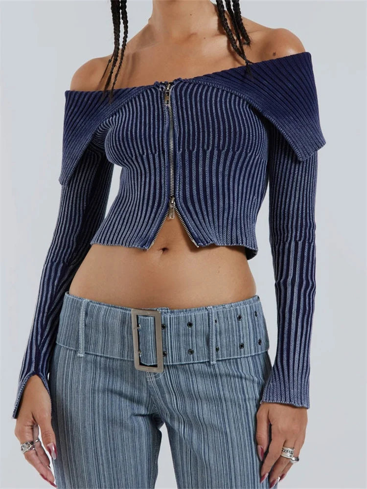 Lapel Gradient Print Long Sleeve Cardigan Off Shoulder Knitted Ribbed Zip Up Sweater 7