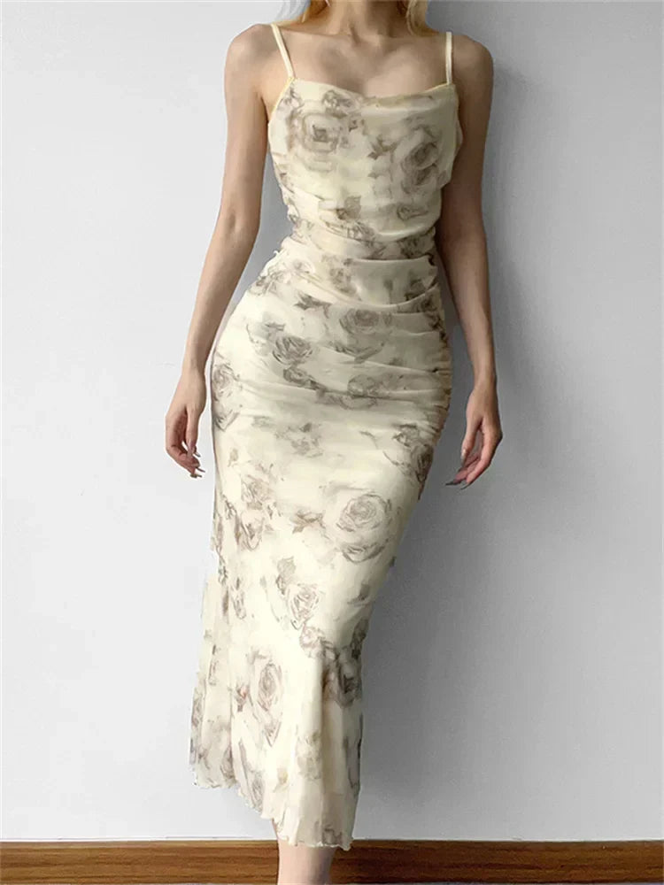 Floral Mesh Cowl Neck Ruched Bodycon Maxi Dress 7