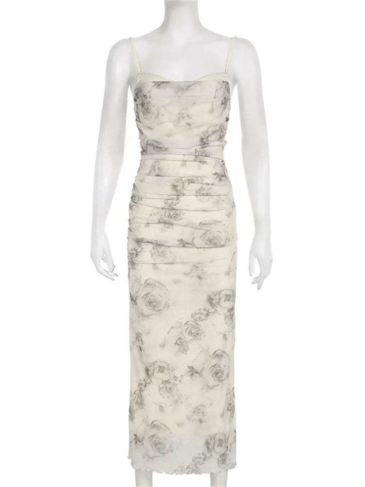 Floral Mesh Cowl Neck Ruched Bodycon Maxi Dress 5