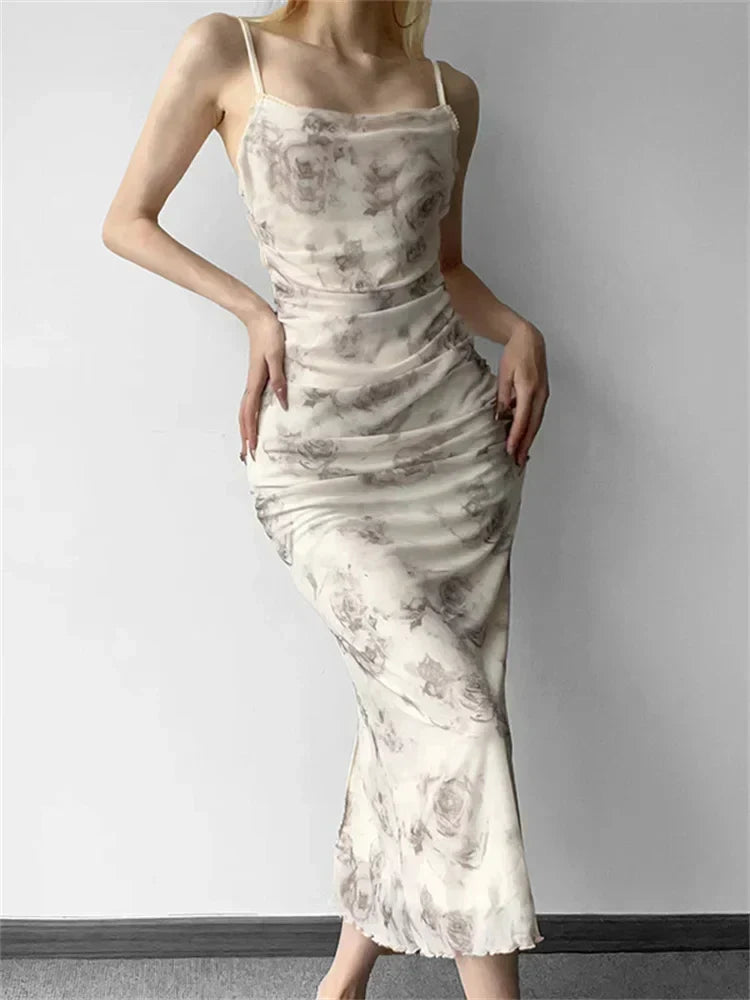 Floral Mesh Cowl Neck Ruched Bodycon Maxi Dress 2