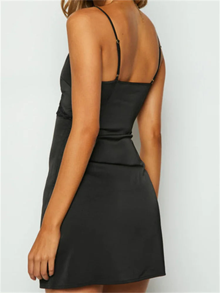 Satin Lace Trim V-Neck Cutout Slip Mini Dress