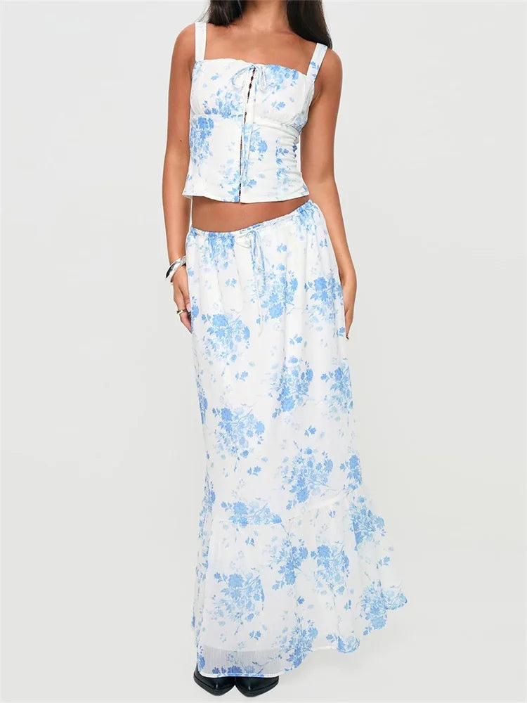 Retro Square Neck Button Up Tank Top Flower Print Long Skirt