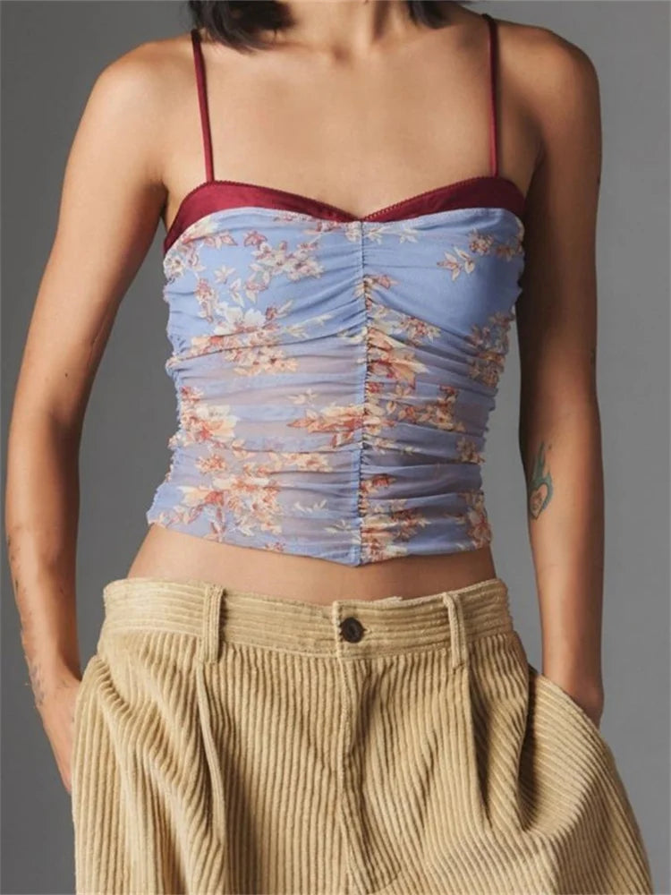 Ruched Floral Leopard Spaghetti Strap Crop Top