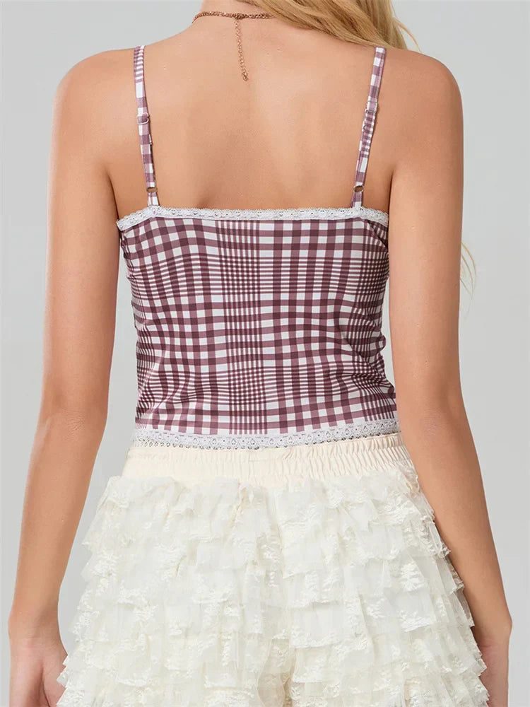 Plaid Bow Lace Trim Square Neck Crop Top