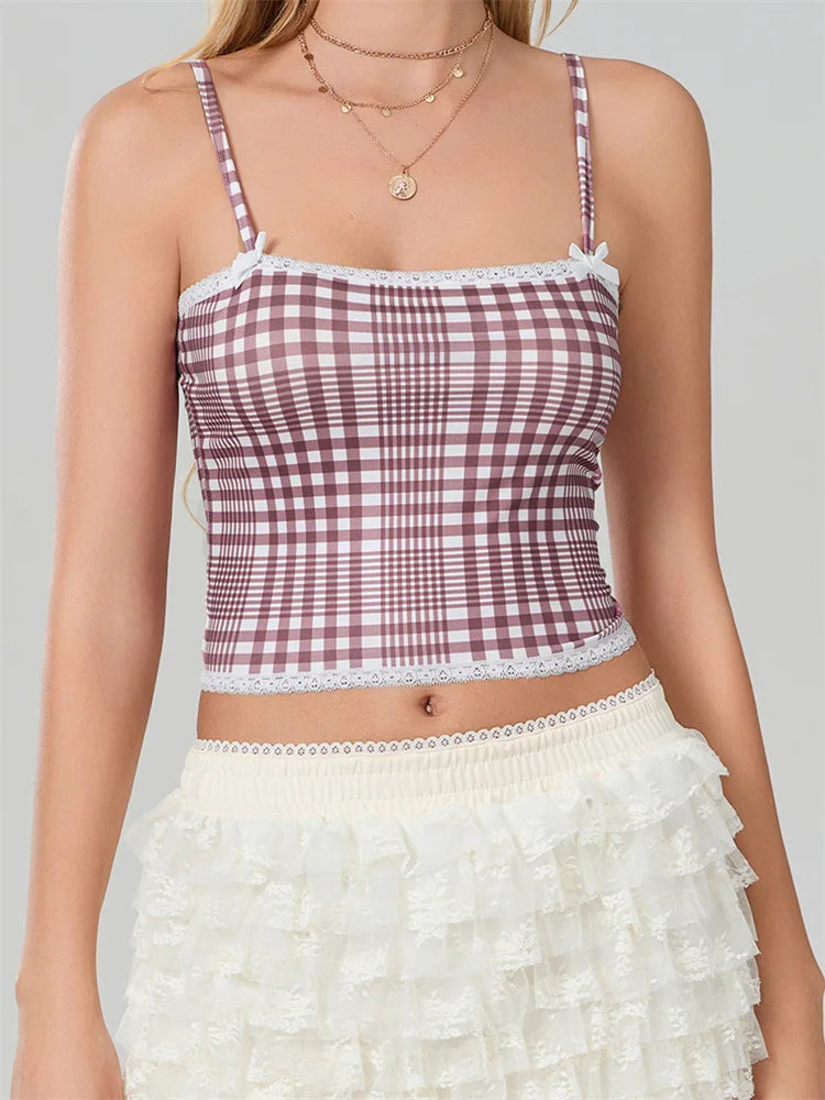 Plaid Bow Lace Trim Square Neck Crop Top