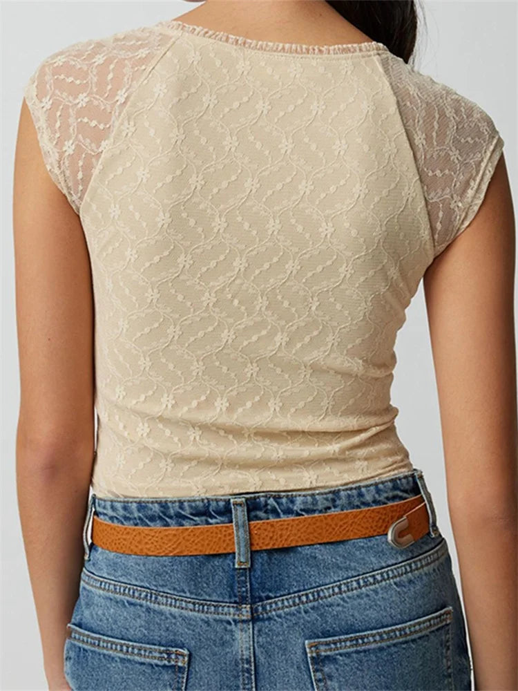 Slim Lace Patchwork Deep V-neck Crop Top