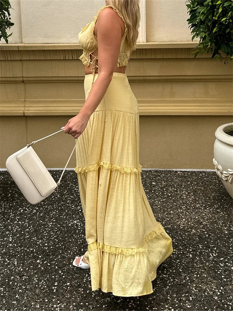 Retro Lace Trim Sleeveless Square Neck Tank Crop Top with Long Skirt Set