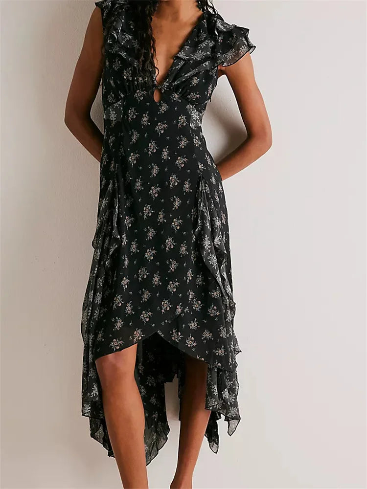 Floral Ruffle Deep V-Neck High Low Midi Dress