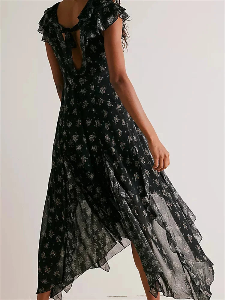 Floral Ruffle Deep V-Neck High Low Midi Dress 2