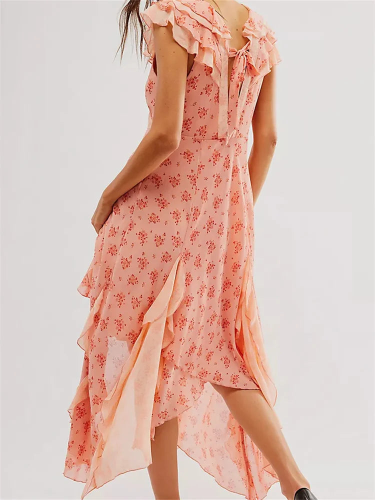 Floral Ruffle Deep V-Neck High Low Midi Dress 5