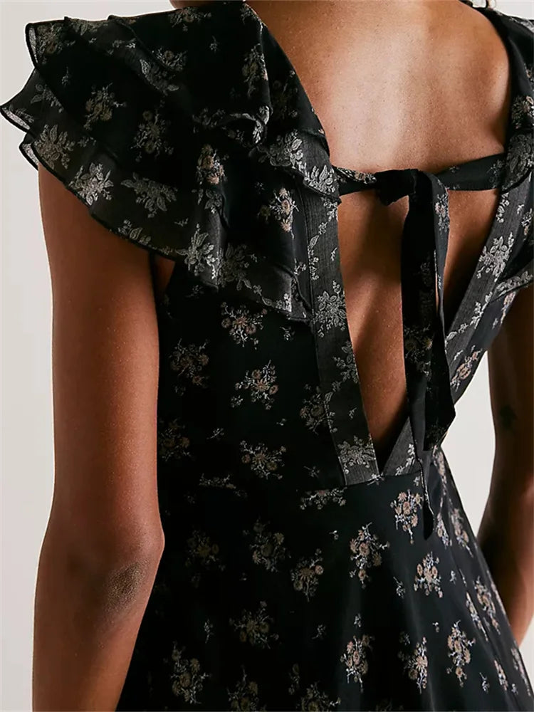 Floral Ruffle Deep V-Neck High Low Midi Dress 4